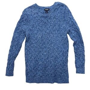 Lands End Drifter Blue Heathered Cable Knit Cotton Crew Neck Sweater Large